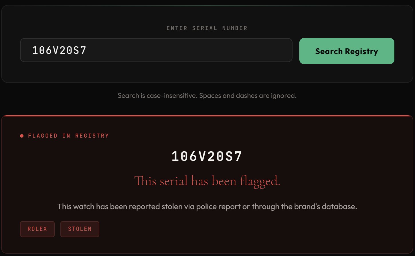 Serial Registry flagged result example